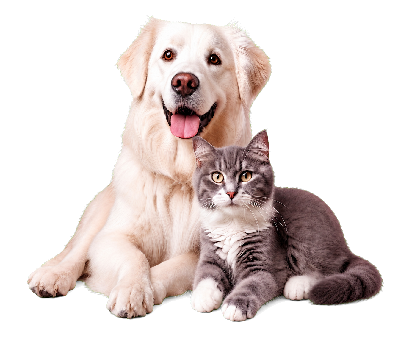 Cachorro golden retriever e gato cinza protegidos pela Plamev